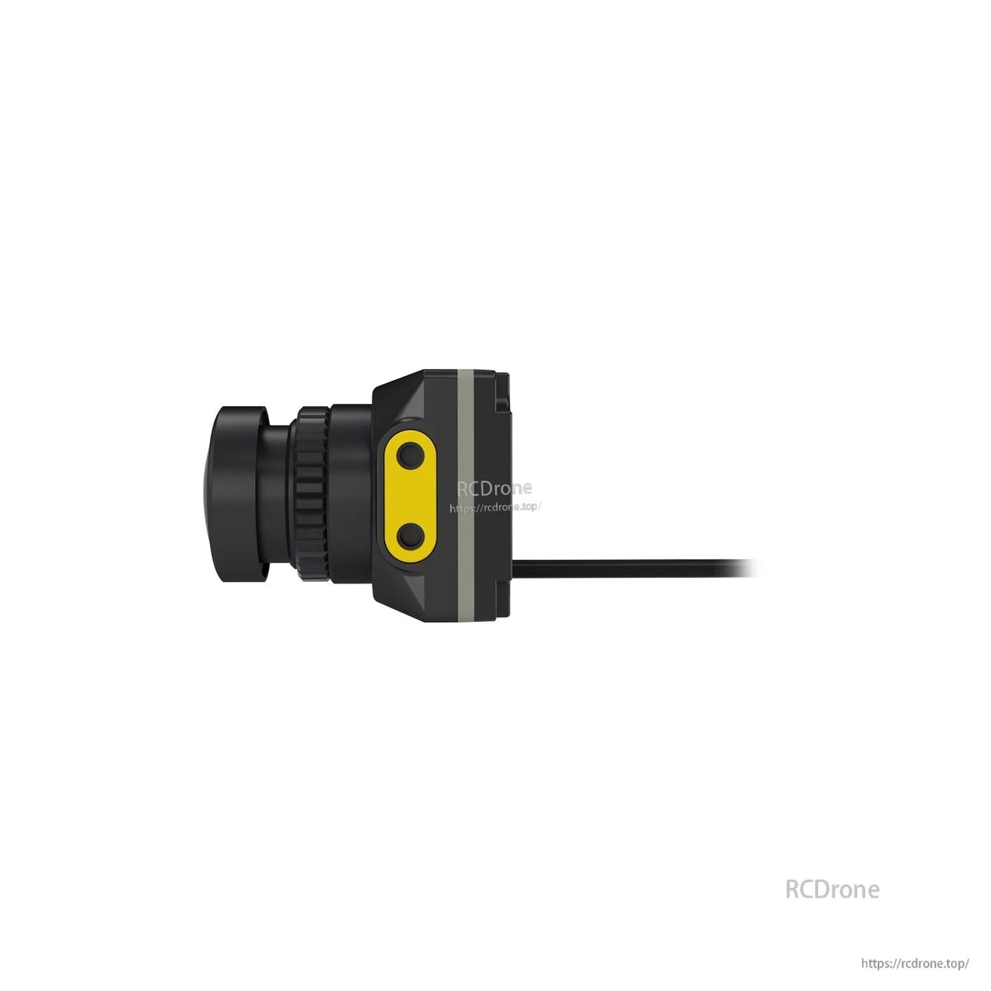 Side profile of FPV camera showing lens barrel, yellow side plate with two screws, and rear cable
