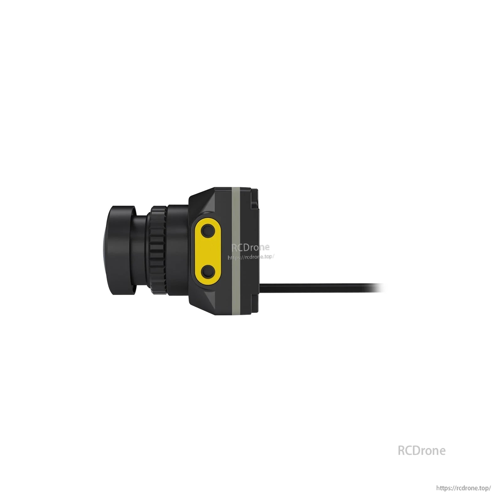 Side profile of FPV camera showing lens barrel, yellow side plate with two screws, and rear cable