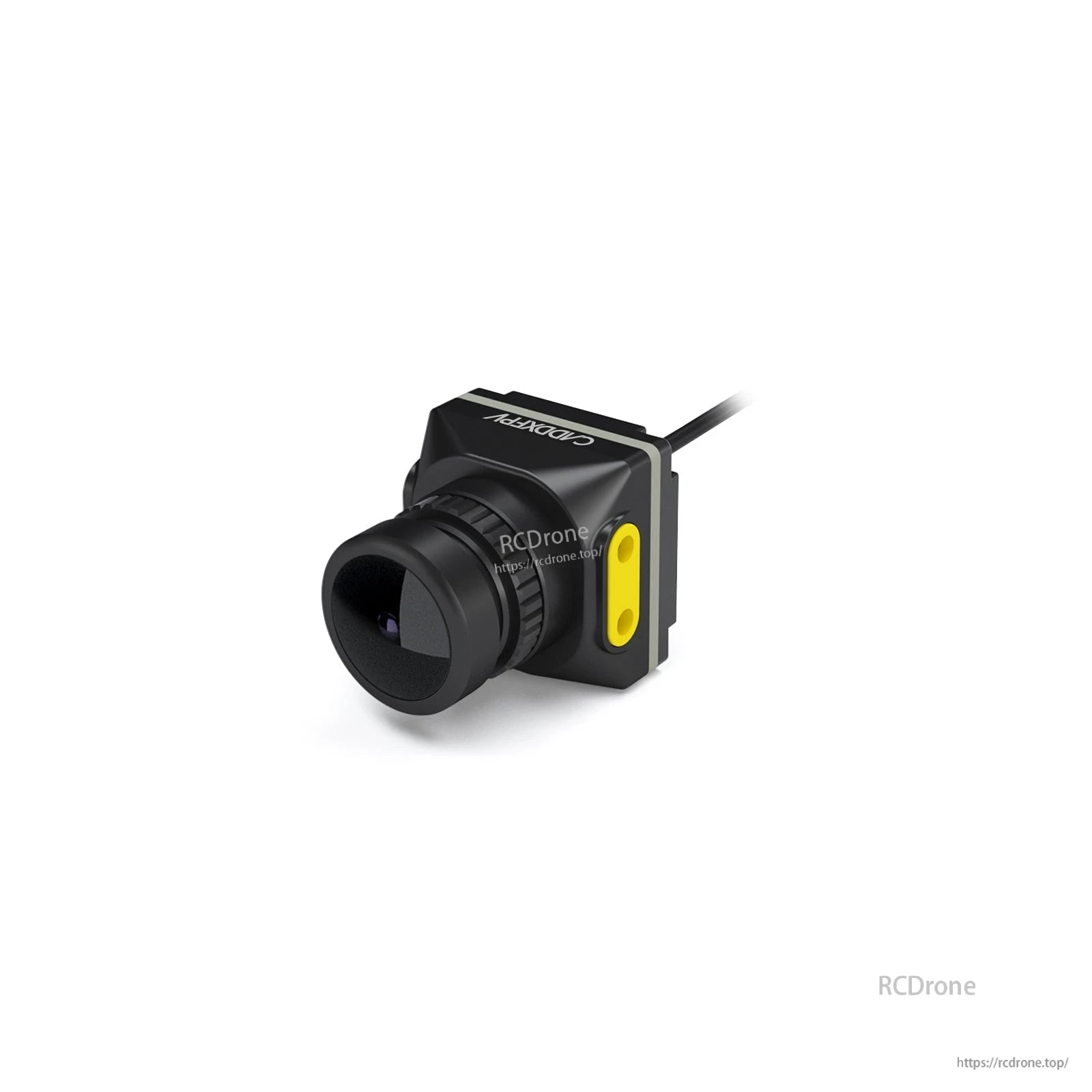Angled view of camera housing showing top panel, lens assembly, and yellow side plate detail