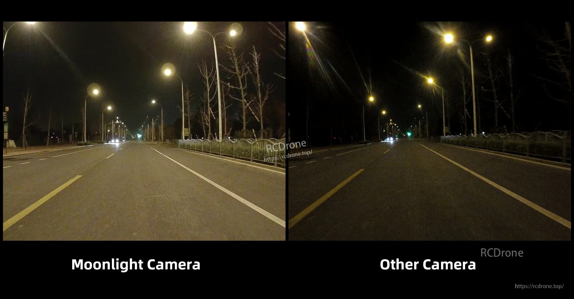 Walksnail Moonlight Camera low-light comparison view versus another FPV camera on a street at night