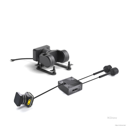 Angled side view of gimbal unit with connected VTX module, dual antennas and separate FPV camera