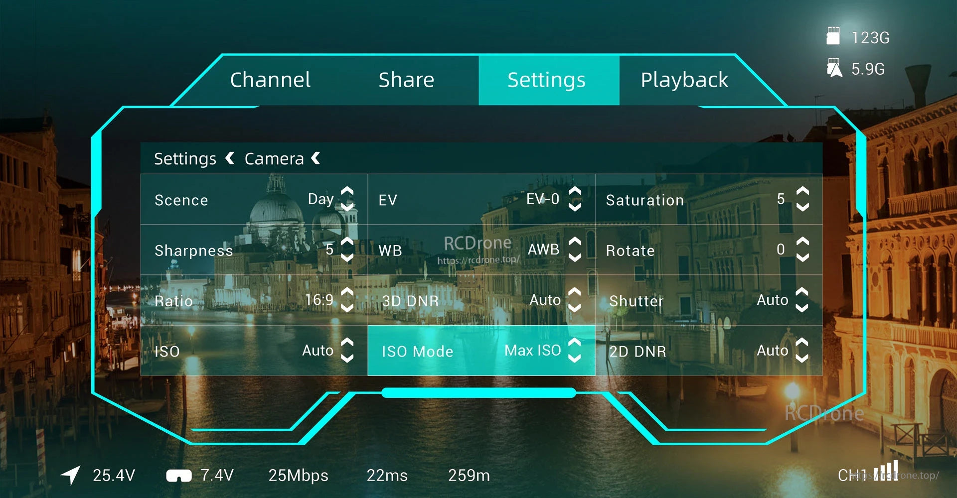 Walksnail Moonlight FPV Camera, Camera settings include scene, EV, saturation, etc.; status indicators show voltage, bandwidth, latency, distance, and signal strength.