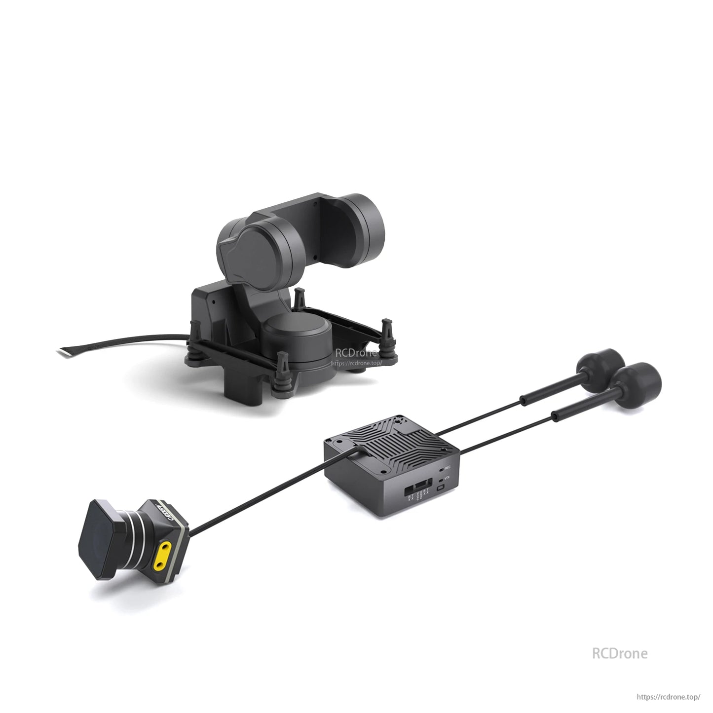 GM3 gimbal assembly with Moonlight camera, linked control box and antennas laid out for installation