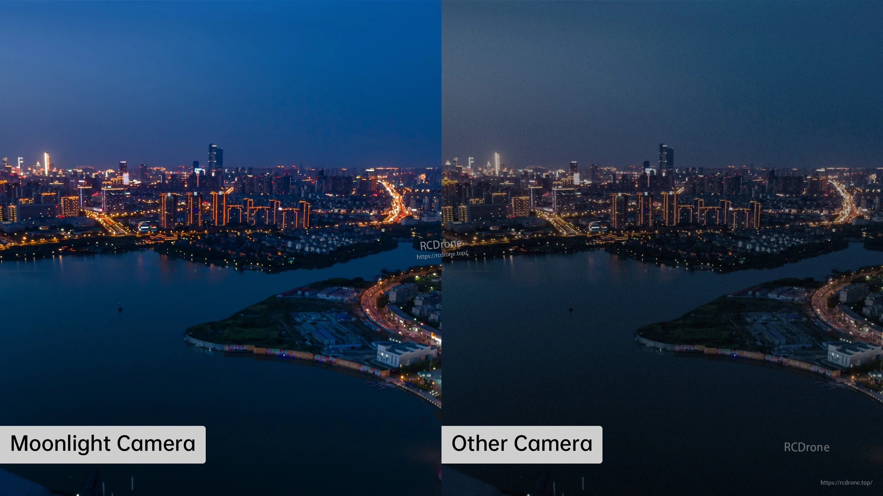 Low-light comparison frame highlighting Walksnail Moonlight camera clarity versus a darker standard FPV camera
