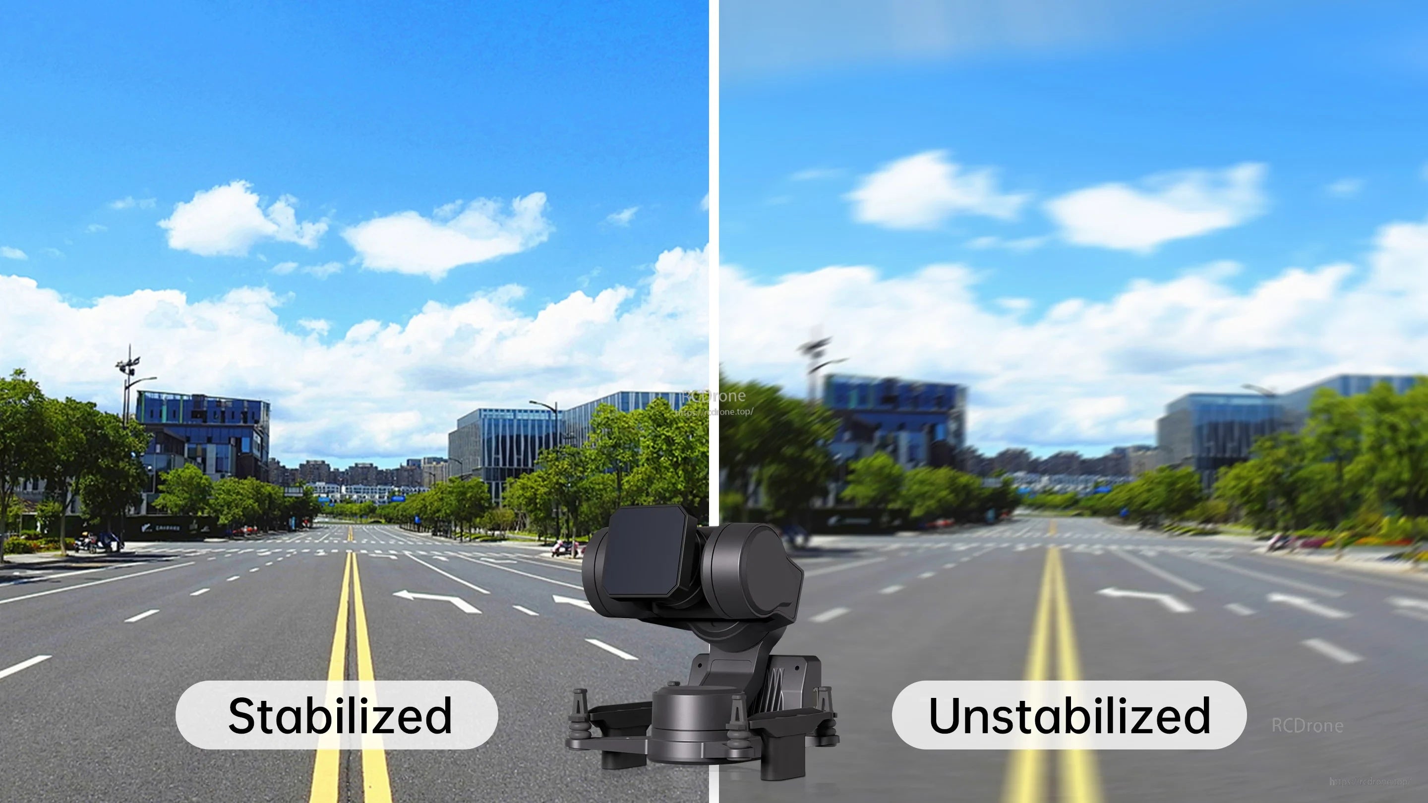 Stabilized vs unstabilized driving scene illustrating smoother FPV footage when using the gimbal and stabilization