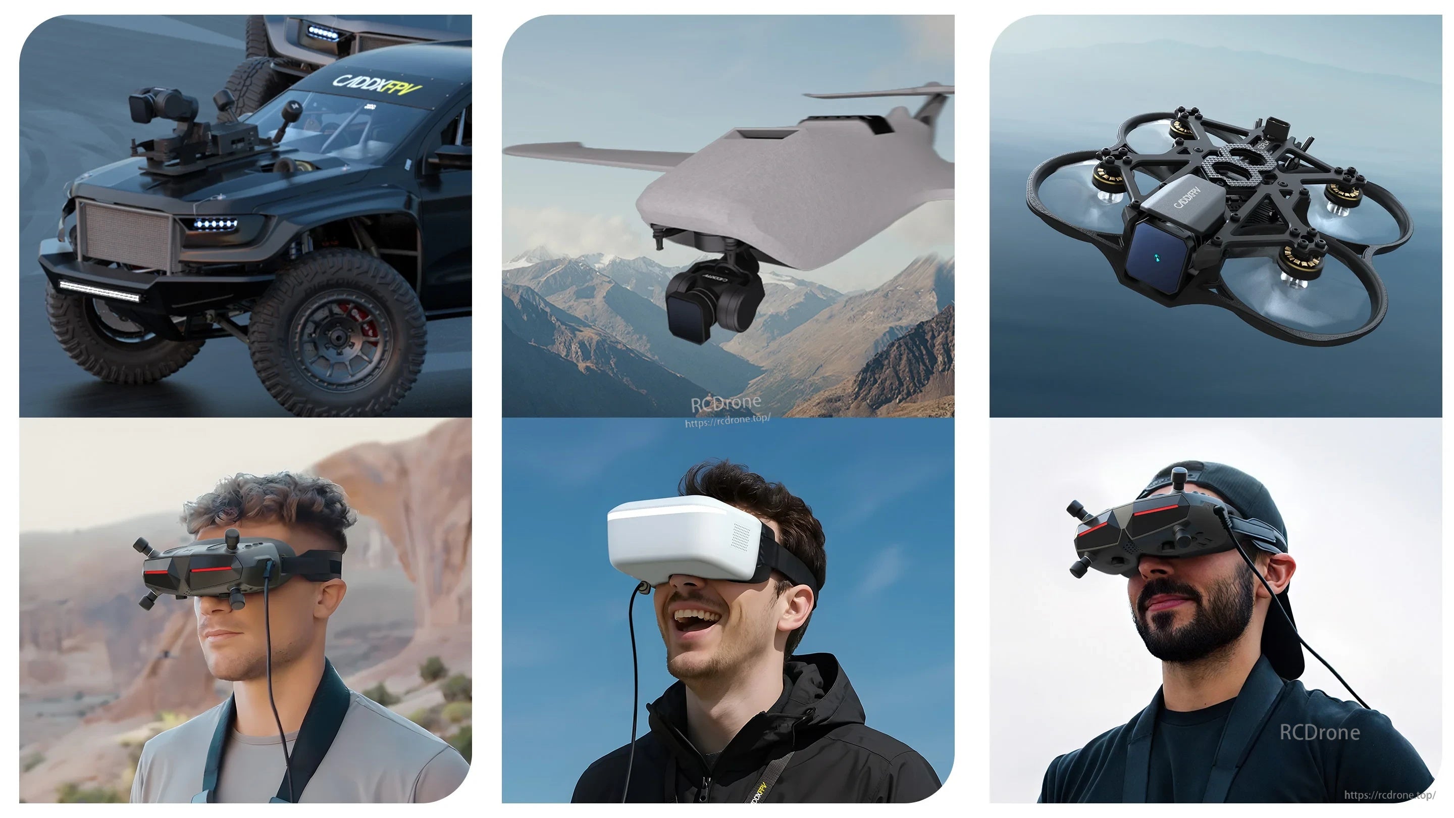 Use cases collage: RC car, fixed-wing, cinewhoop drone, and head-tracked FPV viewing setups