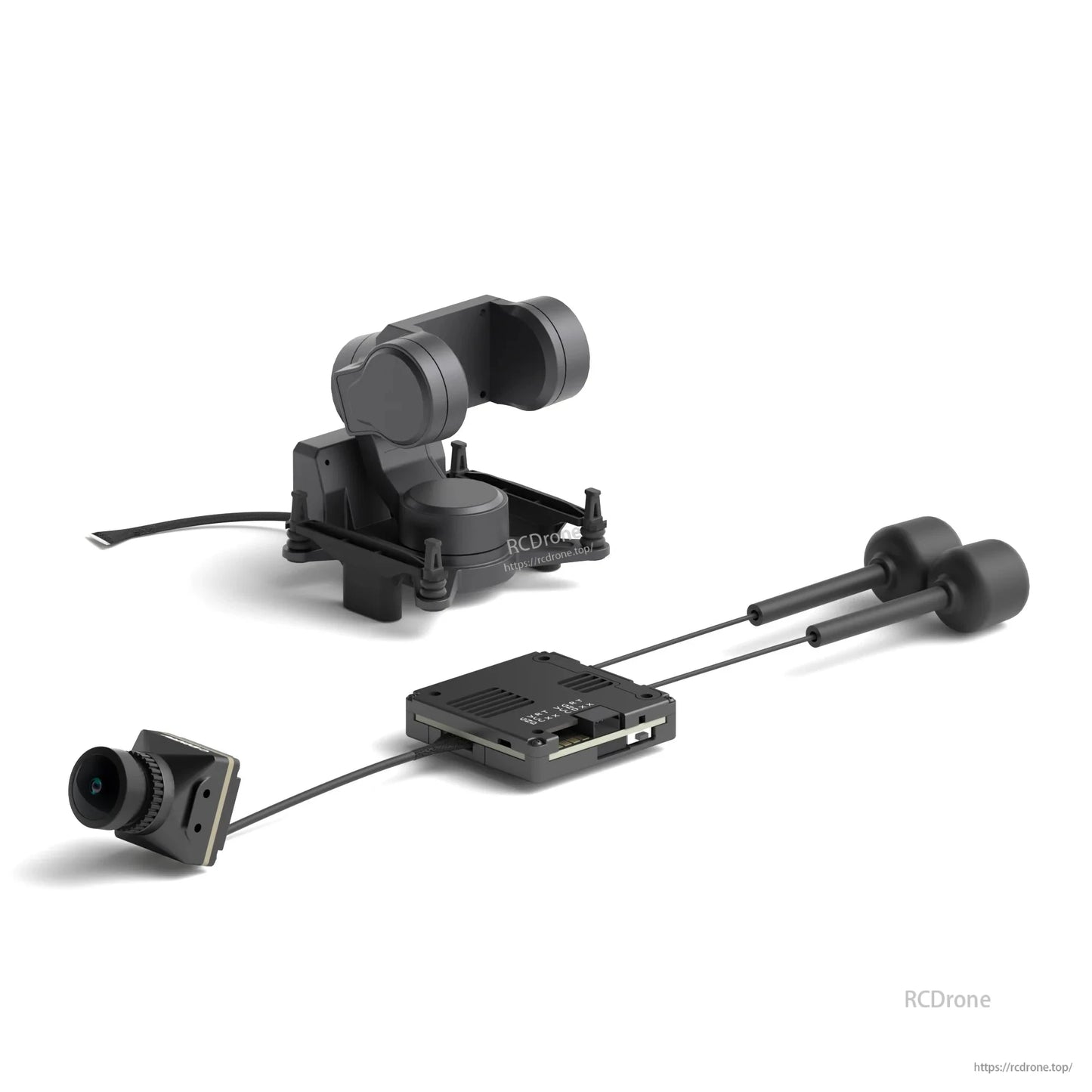Walksnail FPV gimbal kit layout on white background showing gimbal, camera module, control board and antennas