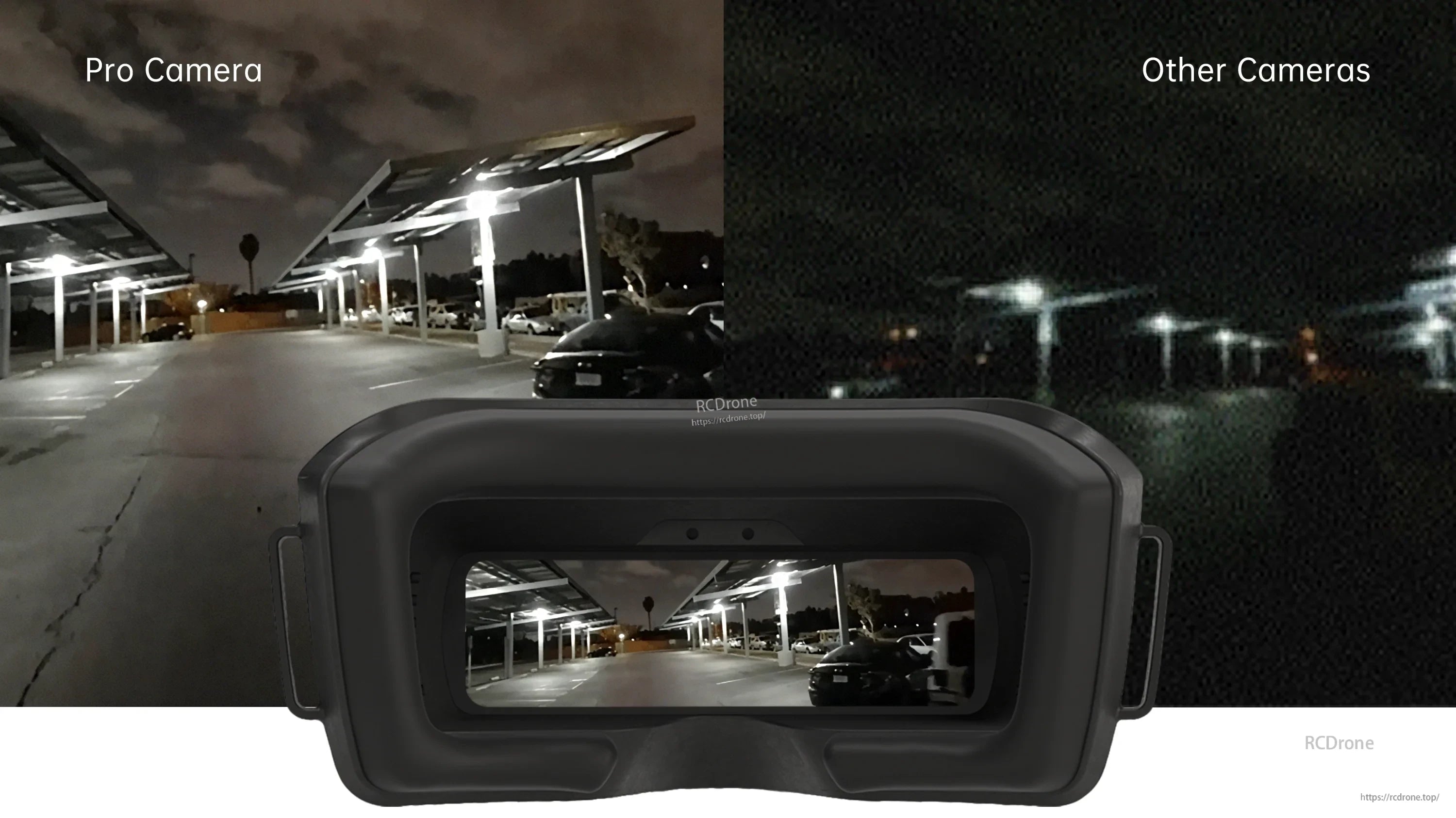 Low-light comparison through FPV goggles: Walksnail Pro Camera vs other cameras in a dim parking lot scene