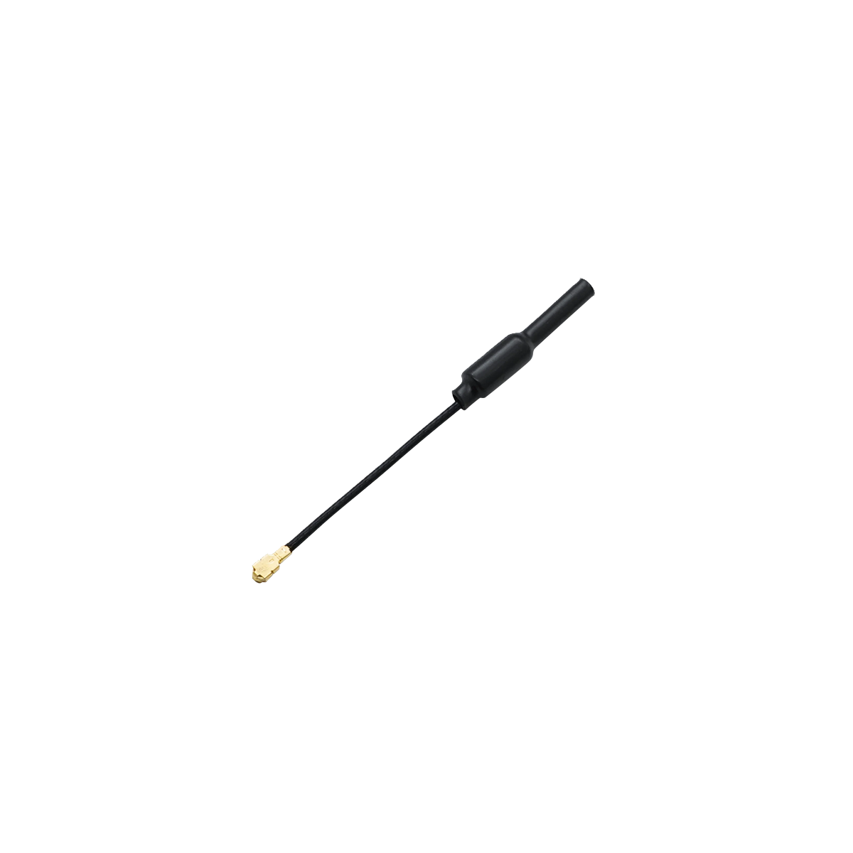 Angled view of the compact black antenna with coax cable and micro RF connector, isolated on black