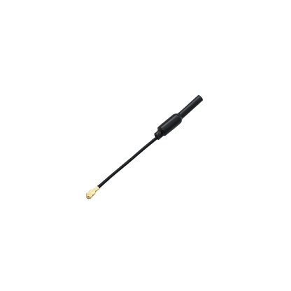 Angled view of the compact black antenna with coax cable and micro RF connector, isolated on black