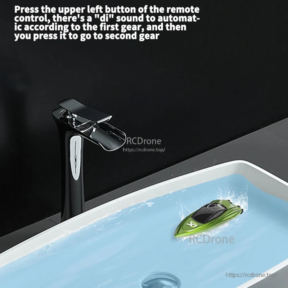 Waterproof 2.4GHz Mini RC Boat, Press upper left button for automatic gear shift from first to second.