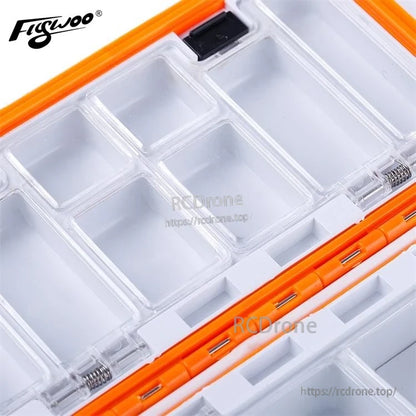 Clear plastic waterproof organizer box with multiple compartments, orange gasket seal, and secure latch