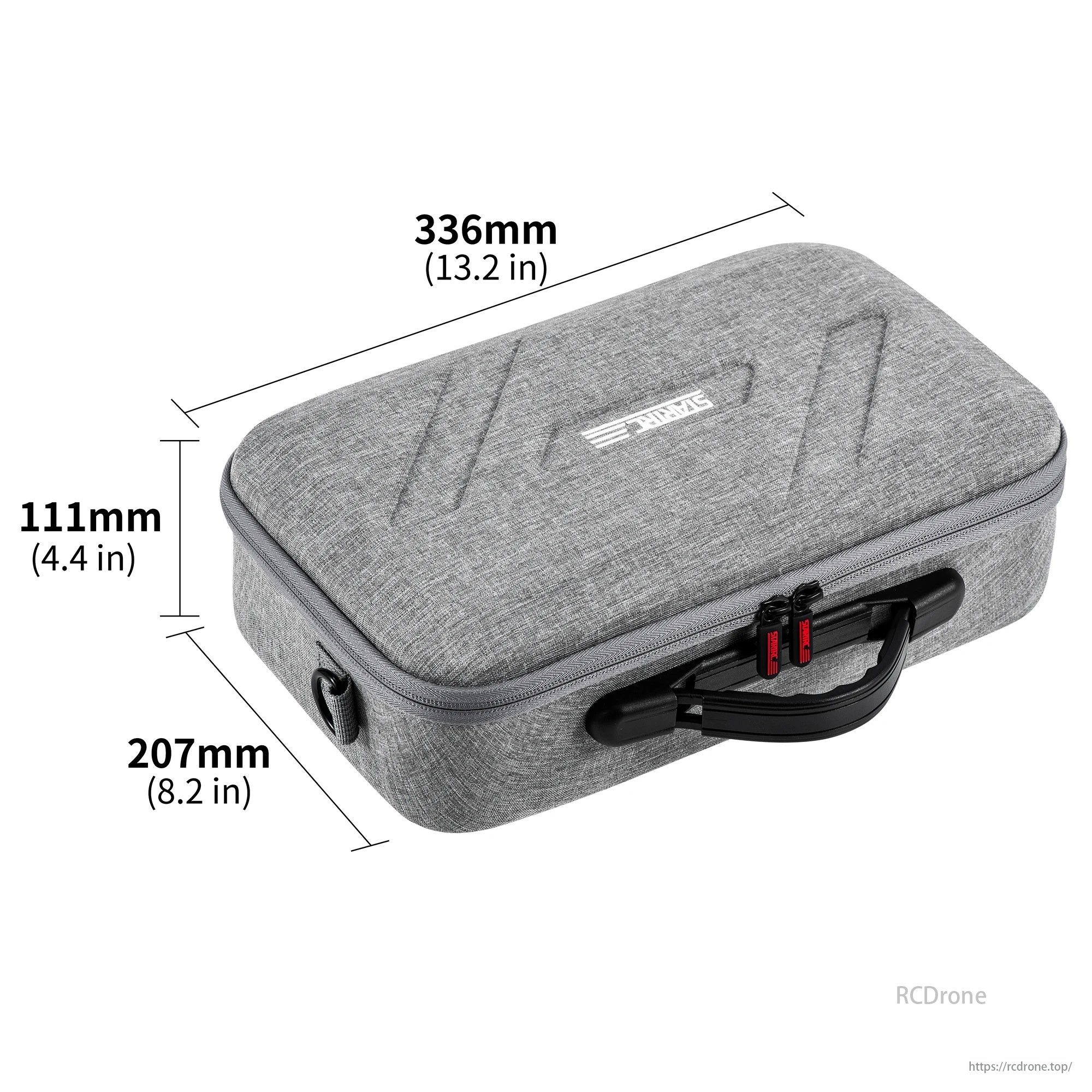 Waterproof Portable Handheld Drone Bag, Gray case measures 336mm x 207mm x 111mm, approximately 13.2in x 8.2in x 4.4in.