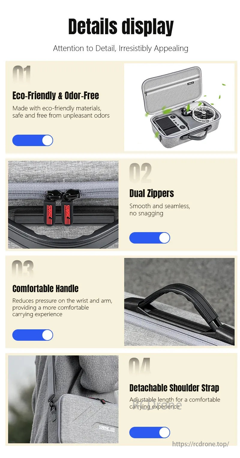 Waterproof Portable Handheld Drone Bag, Eco-friendly, odor-free materials, smooth dual zippers, comfortable handle, detachable adjustable shoulder strap.