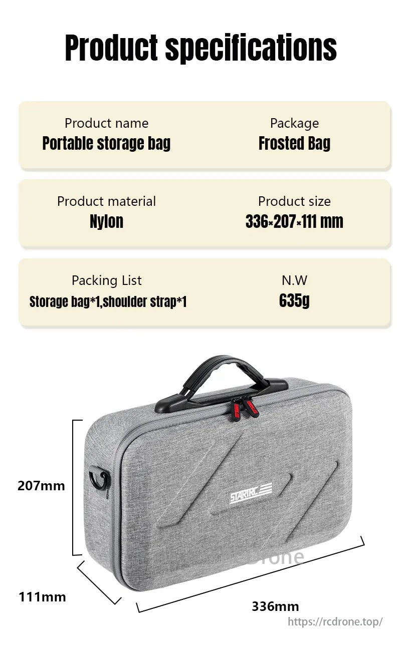 Waterproof Portable Handheld Drone Bag, Portable nylon storage bag, 336x207x111mm, frosted packaging, with shoulder strap; 635g.