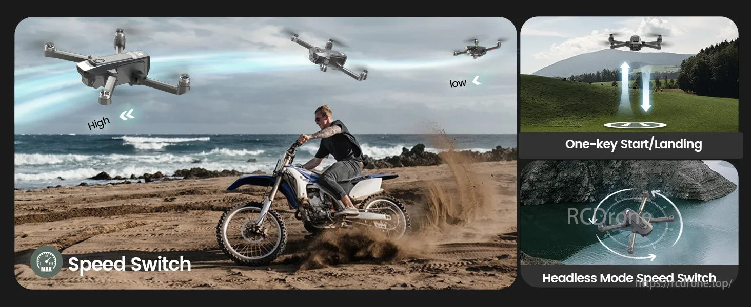 WeFone WF30 GPS Drone, Speed Switch adjusts height, simplifies operation with One-key Start/Landing, and enhances control in Headless Mode.