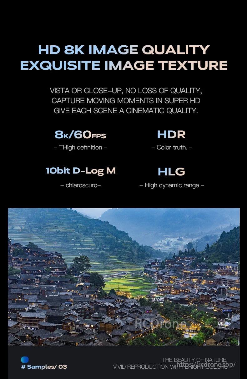 Wing 6 Drone, The drone captures 8K HD images with exquisite texture and cinematic quality, featuring 8K/60fps, HDR, 10bit D-Log M, and HLG for vibrant, detailed scenes.