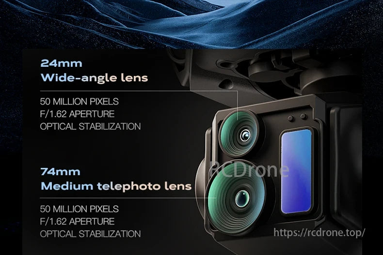 Wing 6 Drone, Dual 24mm & 74mm lenses: 50MP, F/1.62, optical stabilization. Versatile photography setup.