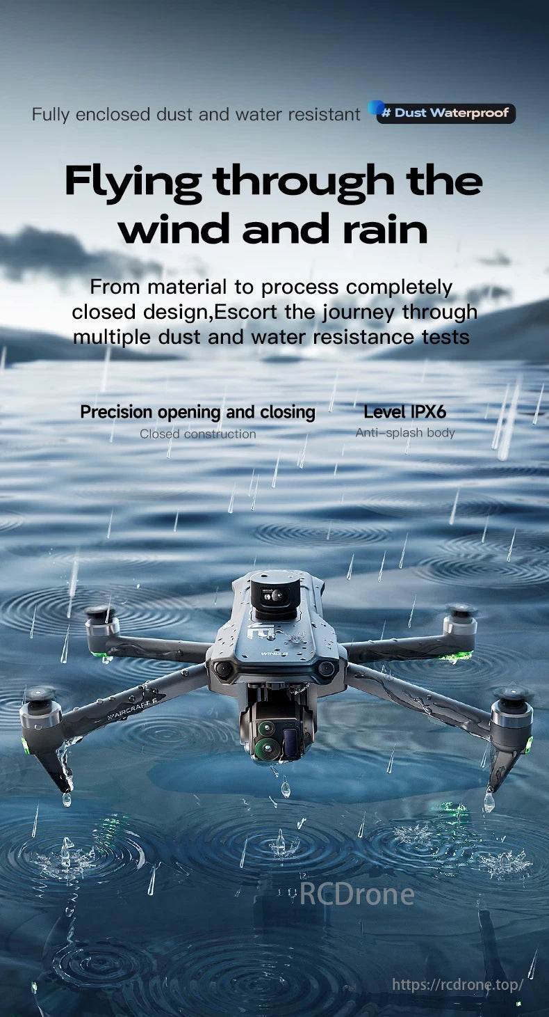 Wing 6 Drone, A fully enclosed, dust and water-resistant drone with precision opening/closing, IPX6 body, flying through wind/rain after multiple resistance tests.