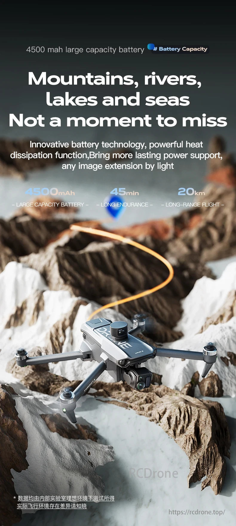 Wing 6 Drone, The 4500mAh battery provides long endurance, offering 45 minutes of flight time and a 20km range for extended image capture in diverse landscapes.