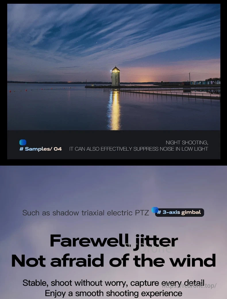 Wing 6 Drone, Night shooting suppresses noise, with stable shadow triaxial electric PTZ and 3-axis gimbal for smooth, worry-free detail capture.