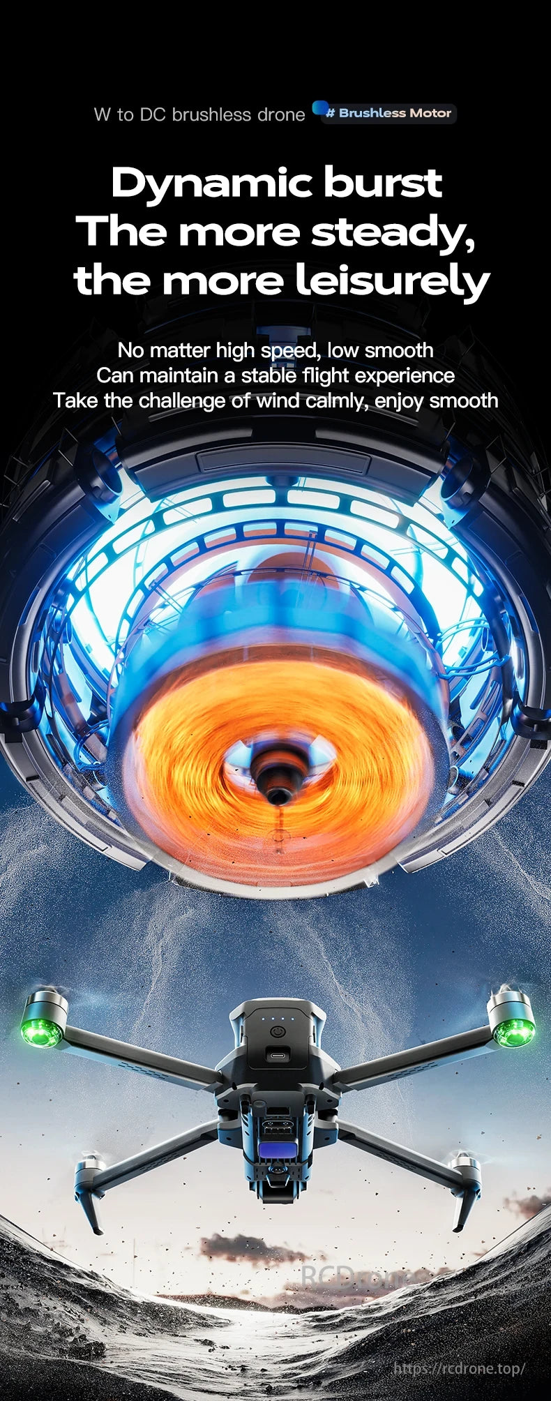 Wing 6 Drone, W to DC brushless drone provides powerful flight, stability, and smooth performance in high speeds and windy conditions.