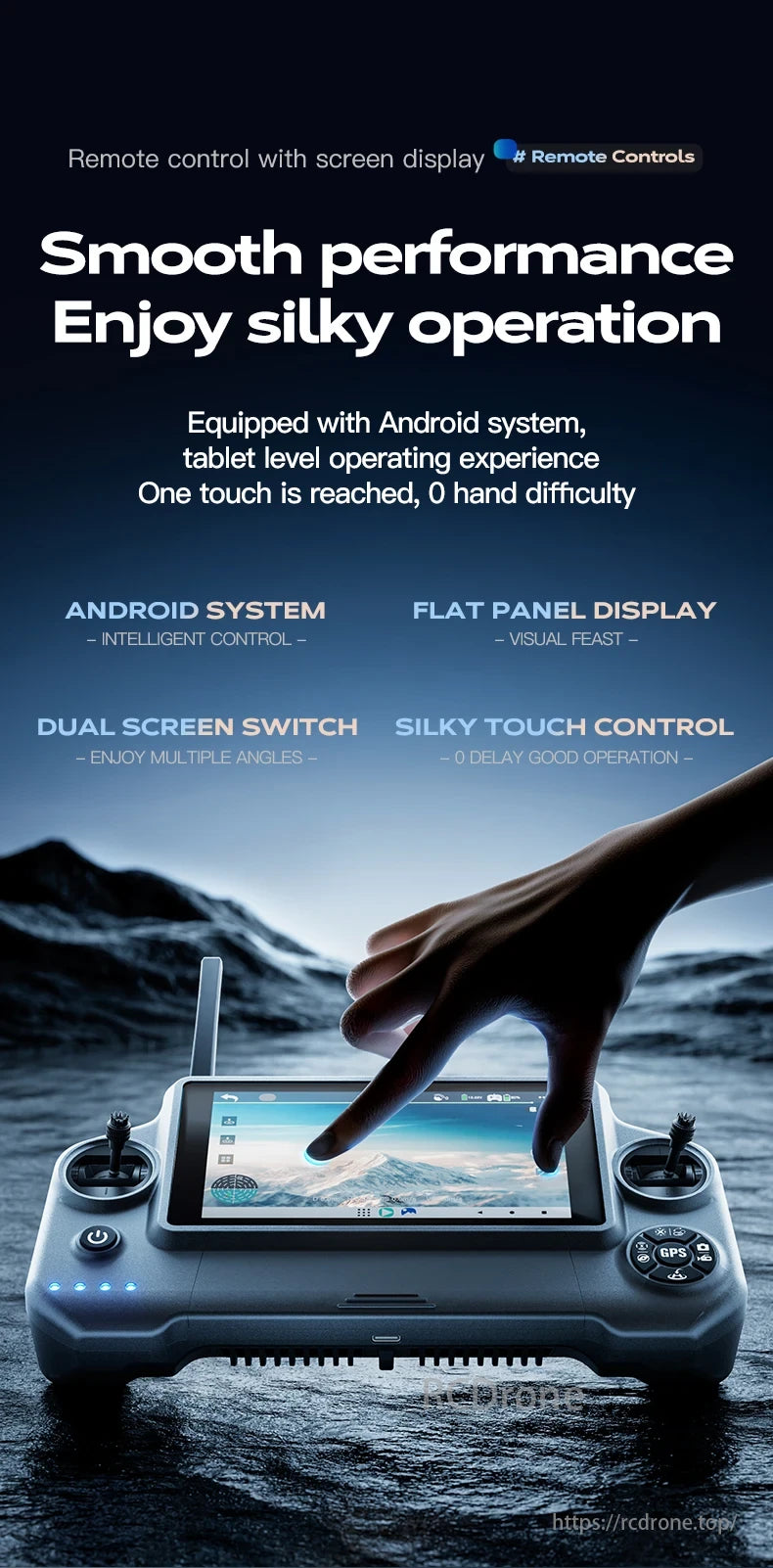 Wing 6 Drone, The remote control features a screen display for smooth operation, an Android system for tablet-like experience, intelligent control, dual-screen switching, and lag-free touch.