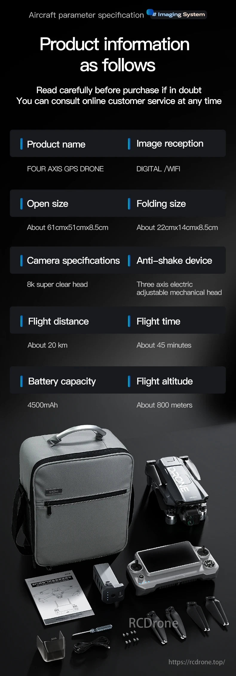 Wing 6 Drone, Four Axis GPS Drone with 8K camera, WiFi, 20km range, 45min flight, 4500mAh battery, and 800m altitude; includes case, remote, and accessories.