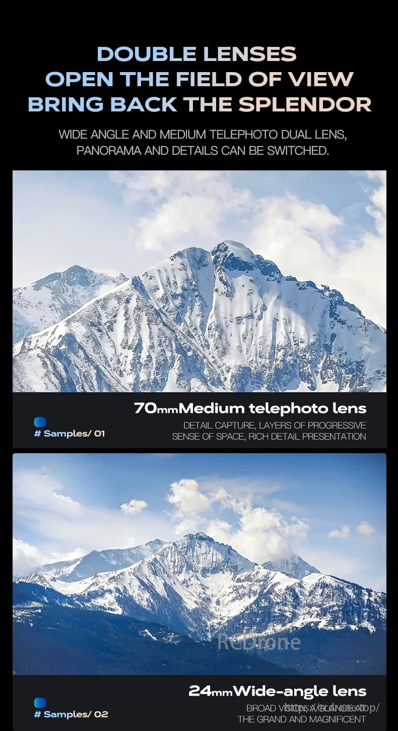 Wing 6 Drone, Double lenses with wide-angle and medium telephoto capabilities provide versatile field of view, capturing both panoramic scenes and detailed shots.