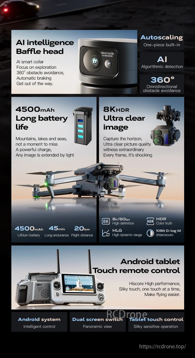 Wing 6 Drone, AI-powered drone with obstacle avoidance, 4500mAh battery, 8K HDR camera, and Android tablet remote for easy control and dual-screen switching.