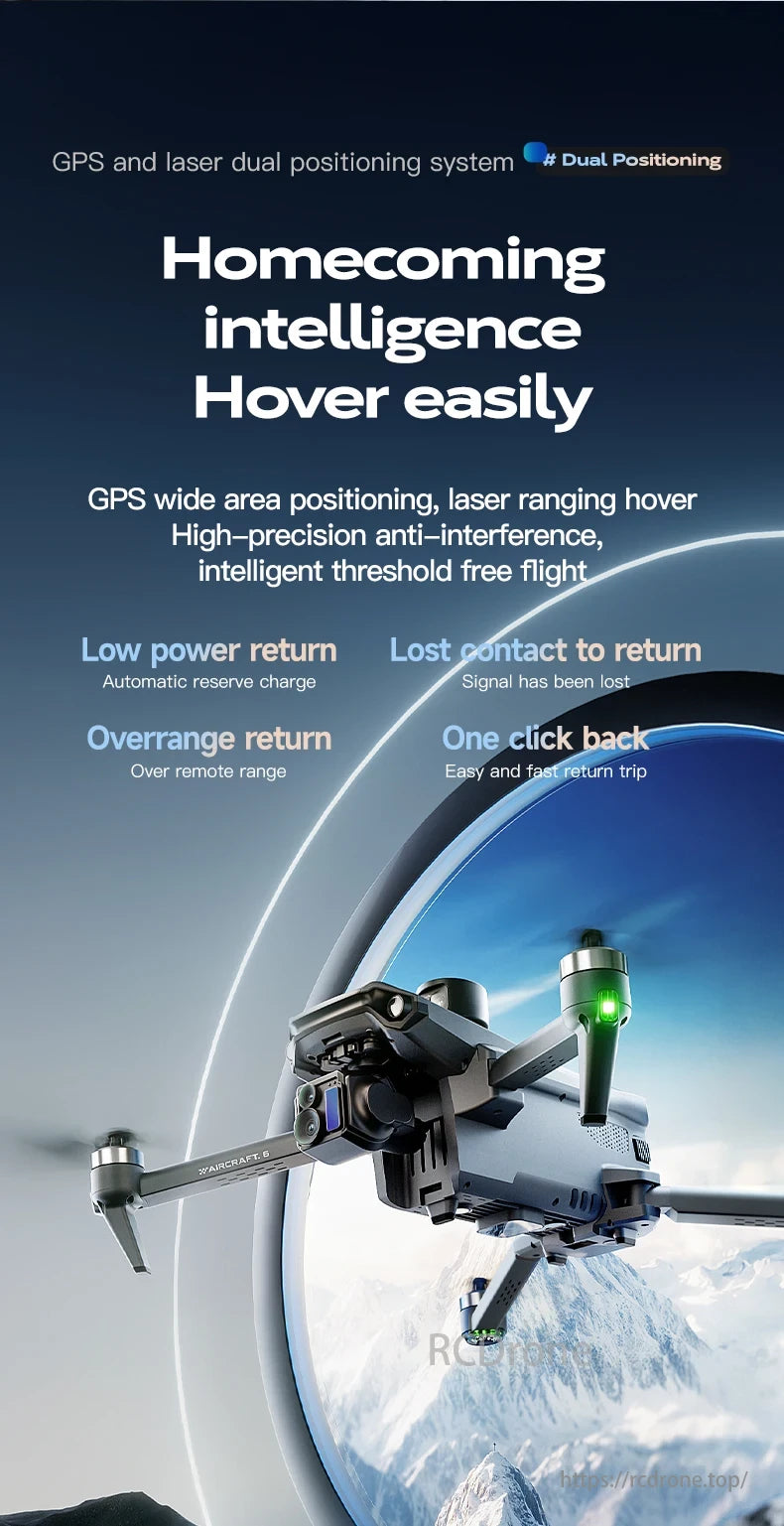Wing 6 Drone, GPS+Laser dual positioning, intelligent return home, one-key return, low power/lost connection/out-of-range return for easy flights.