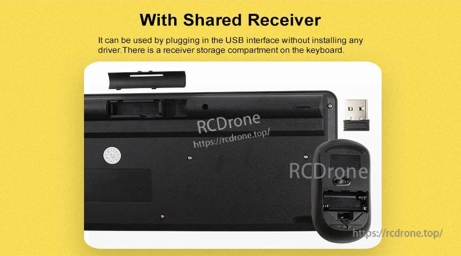 Keyboard back with shared USB wireless receiver and built-in receiver storage compartment