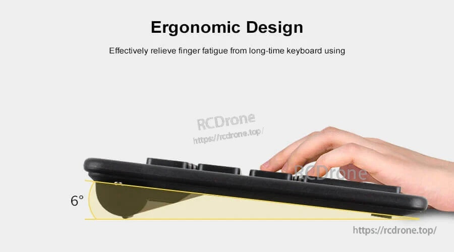 Side profile of keyboard showing ergonomic 6° tilt angle during typing
