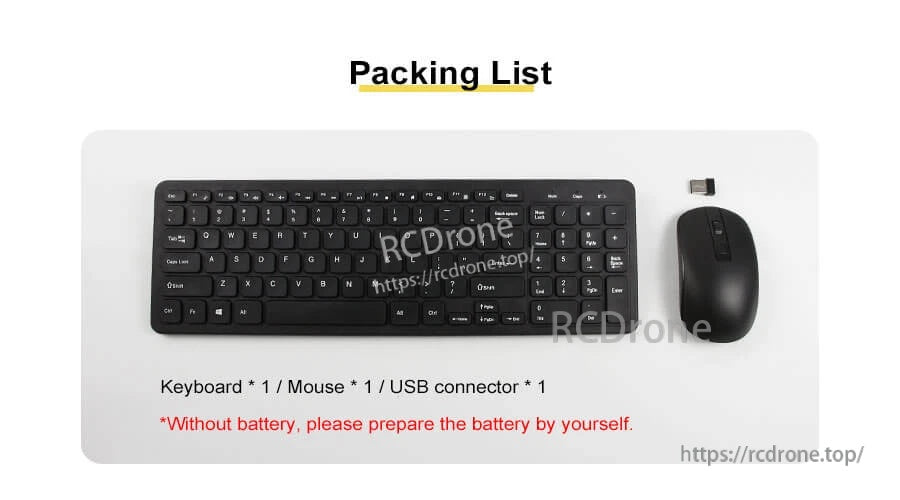 Packing list showing keyboard, mouse, and USB receiver; batteries not included