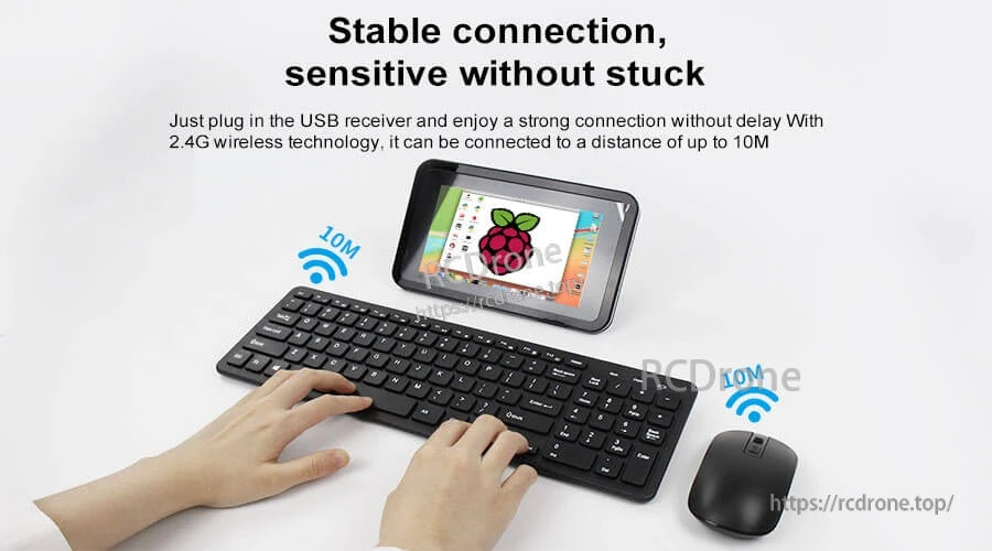2.4G wireless keyboard and mouse in use with up to 10 m range using USB receiver