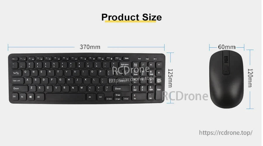 Product size dimensions for keyboard (370×125 mm) and mouse (120×60 mm)