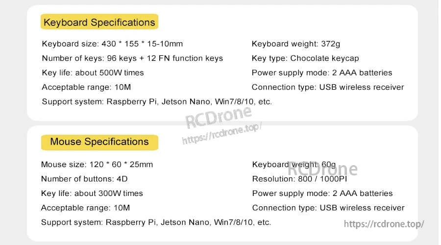 Keyboard and mouse specifications list: 2.4G wireless, 10 m range, key count, DPI options, and AAA power