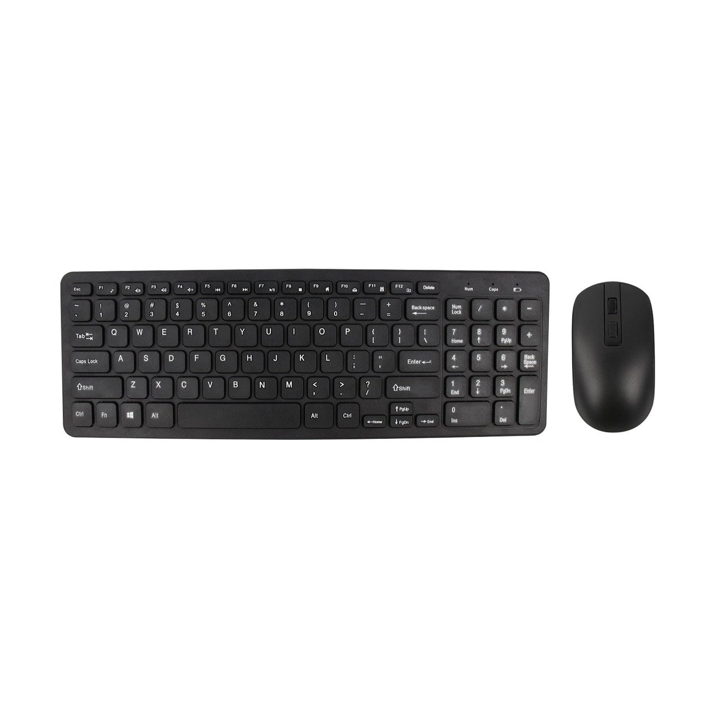 2.4G wireless keyboard and mouse set, black full-size keyboard with matching mouse on white background