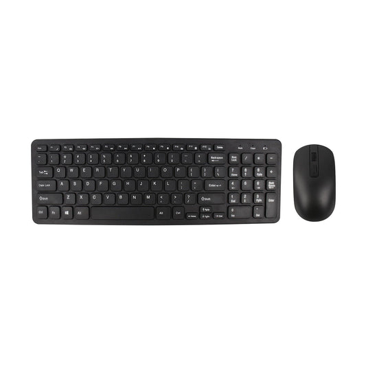2.4G wireless keyboard and mouse set, black full-size keyboard with matching mouse on white background