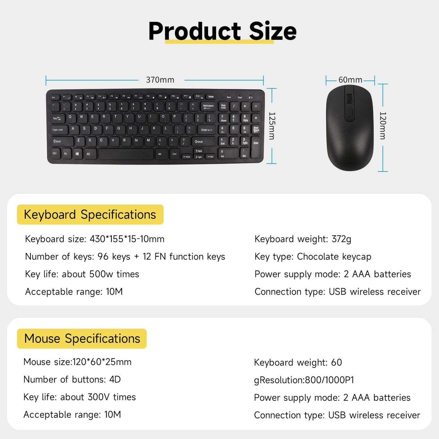 Keyboard and mouse dimensions and specs chart: 430×155mm keyboard, 120×60mm mouse, USB receiver, AAA batteries