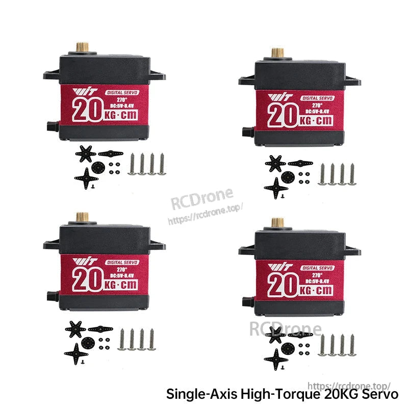 Four-pack display of 20kg·cm 270° digital servos with horn set and mounting screws shown below each