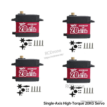 Four-pack display of 20kg·cm 270° digital servos with horn set and mounting screws shown below each