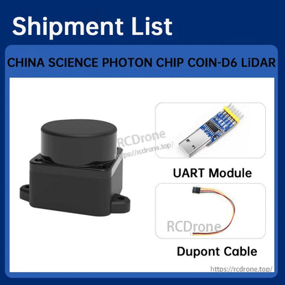 Shipment list showing COIN-D6 LiDAR, UART module, and Dupont cable included