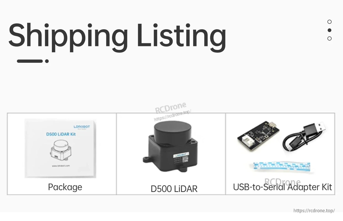 Shipping listing showing package, D500 LiDAR unit, and USB-to-serial adapter kit