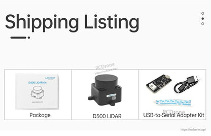 Shipping listing showing package, D500 LiDAR unit, and USB-to-serial adapter kit