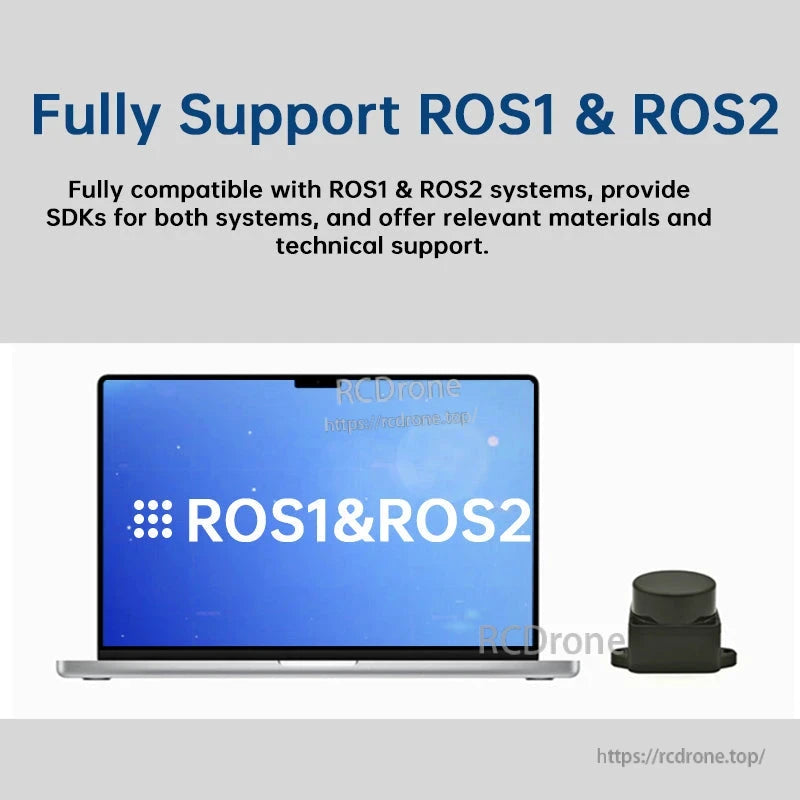 ROS1 & ROS2 support graphic with laptop screen and LiDAR module shown beside it