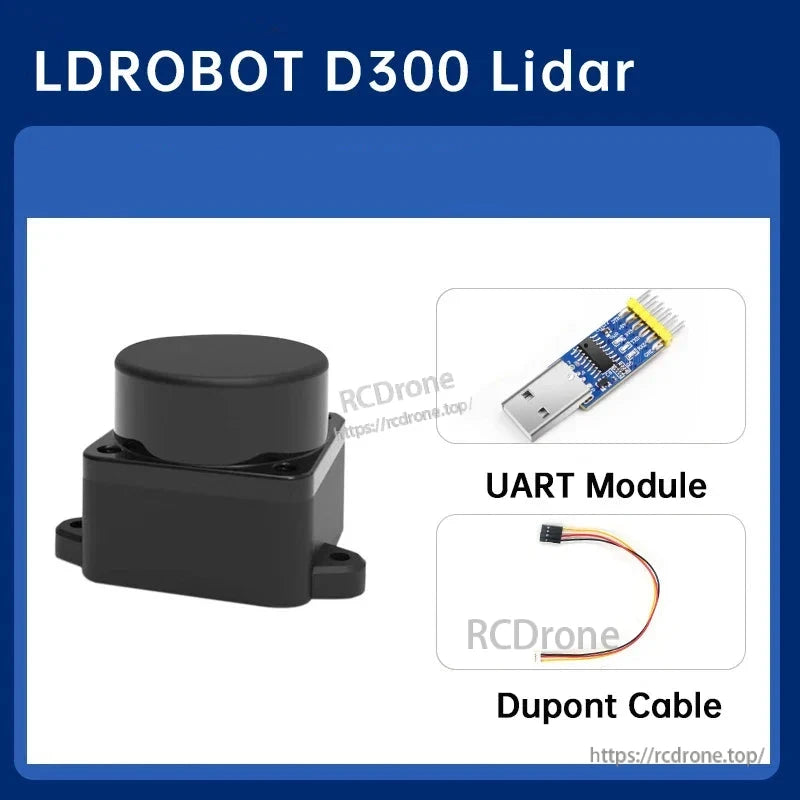 LDROBOT D300 Lidar package contents graphic with sensor, UART module and Dupont cable