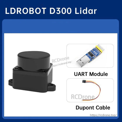 LDROBOT D300 Lidar package contents graphic with sensor, UART module and Dupont cable
