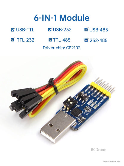 6-in-1 module kit with USB serial converter board and jumper wires; supports USB-TTL, USB-232, USB-485