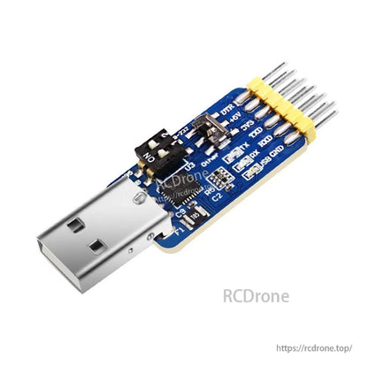 USB to serial converter module board with CP2102 chip, mode switch, and pin header connector